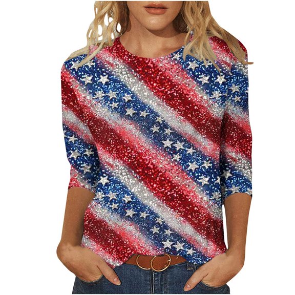 Womens Independence Day T Shirts Vintage Printed Tees The Statue of Liberty Graphic T-Shirts Scooped Neck 3/4 Sleeve Tops Causal Retro American Flag Tunic Blouses Workout Going Out Clothes