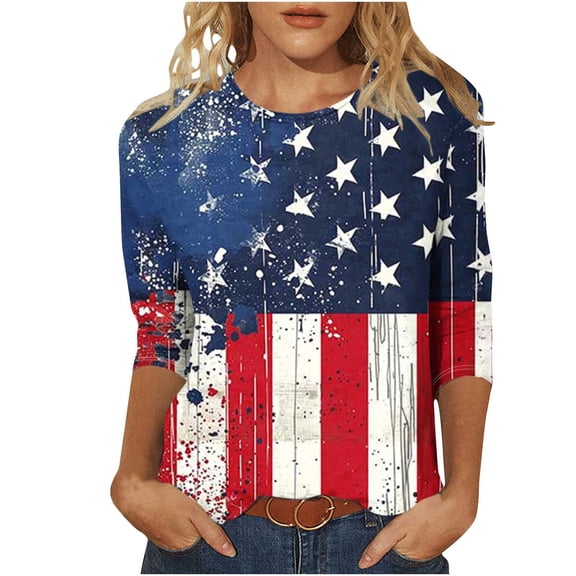 Womens Independence Day T Shirts Vintage Printed Tees The Statue of Liberty Graphic T-Shirts Scooped Neck 3/4 Sleeve Tops Causal Retro American Flag Tunic Blouses Workout Going Out Clothes