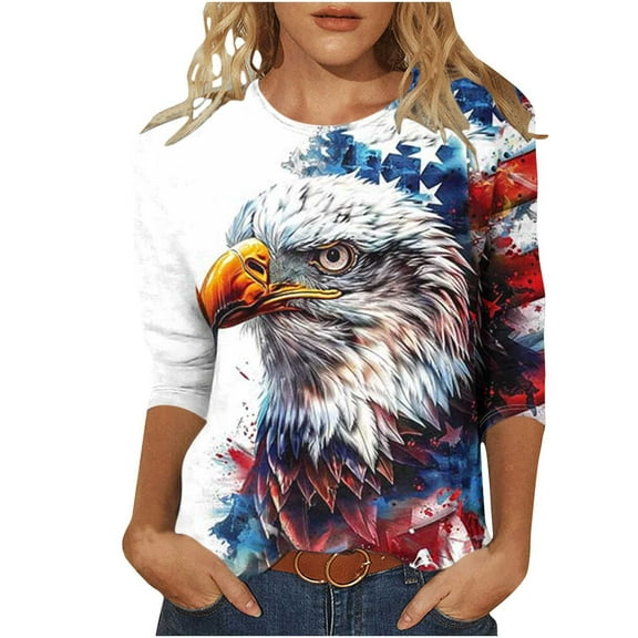 Womens Independence Day T Shirts Vintage Printed Tees The Statue of Liberty Graphic T-Shirts Scooped Neck 3/4 Sleeve Tops Causal Retro American Flag Tunic Blouses Workout Going Out Clothes