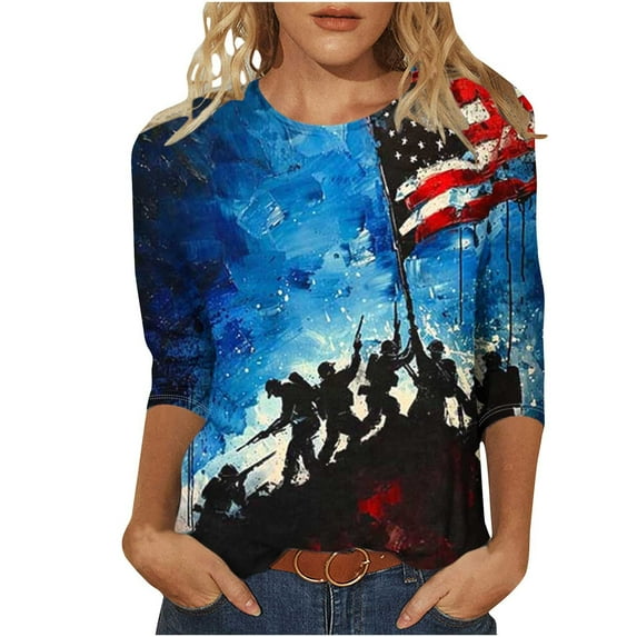 Womens Independence Day T Shirts Vintage Printed Tees The Statue of Liberty Graphic T-Shirts Scooped Neck 3/4 Sleeve Tops Causal Retro American Flag Tunic Blouses Workout Going Out Clothes