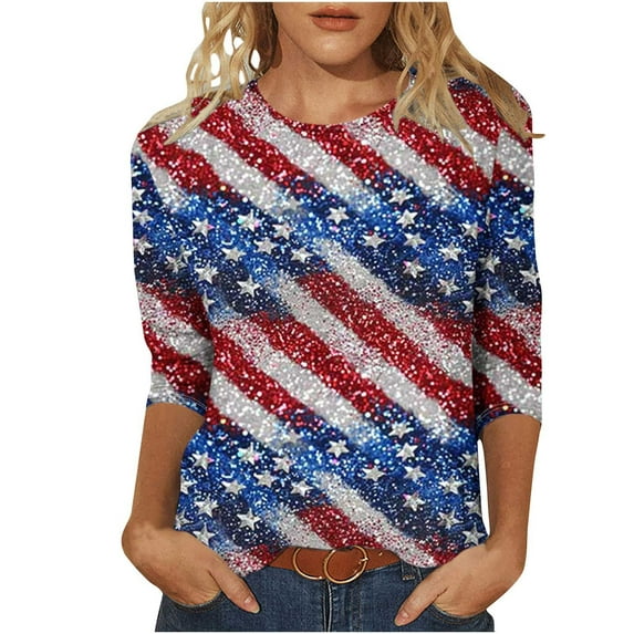 Womens Independence Day T Shirts Vintage Printed Tees The Statue of Liberty Graphic T-Shirts Scooped Neck 3/4 Sleeve Tops Causal Retro American Flag Tunic Blouses Workout Going Out Clothes