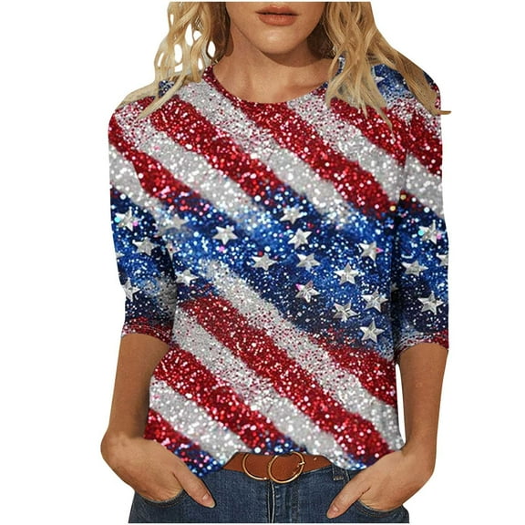 Womens Independence Day T Shirts Vintage Printed Tees The Statue of Liberty Graphic T-Shirts Scooped Neck 3/4 Sleeve Tops Causal Retro American Flag Tunic Blouses Workout Going Out Clothes