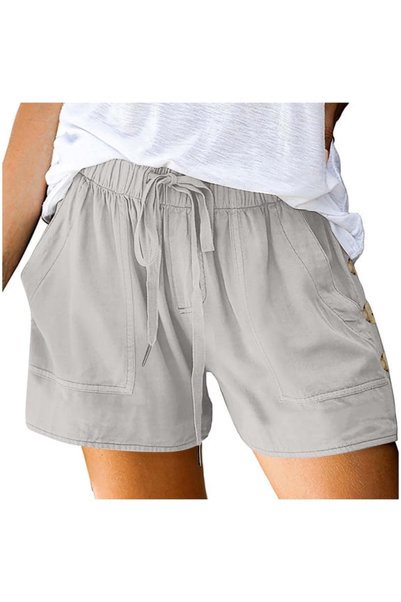 Womens Knee Length Shorts Elastic Waist Cotton Summer Short Pants Baggy Stretchy Wide Leg Trouser Side Buckle Pettipants Dressy Casual Workout Hiking Clothes with Pockets