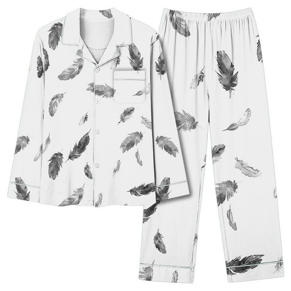 Womens Pajama Sets Fashion Print Long Sleeve Button Up Collared Shirt with Pj Bottoms 2 Piece Sleepwear Pants Set (M, White 02)
