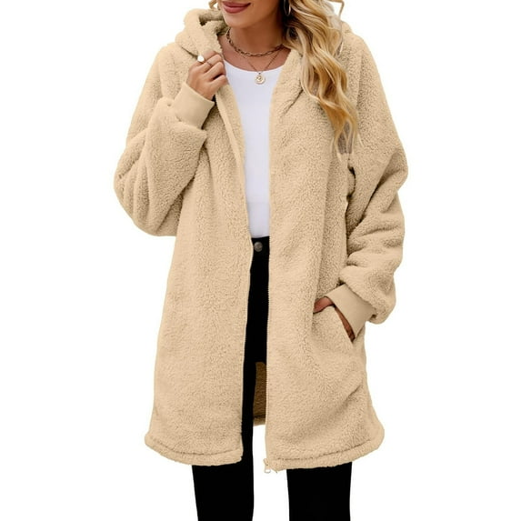 Womens Plush Coat Womens Fuzzy Fleece Coat for Women Casual Solid Open Front Zipper Overcoat Long Sleeve Loose Hooded Sweatshirt Outwear with Pocket Winter Plush Coat