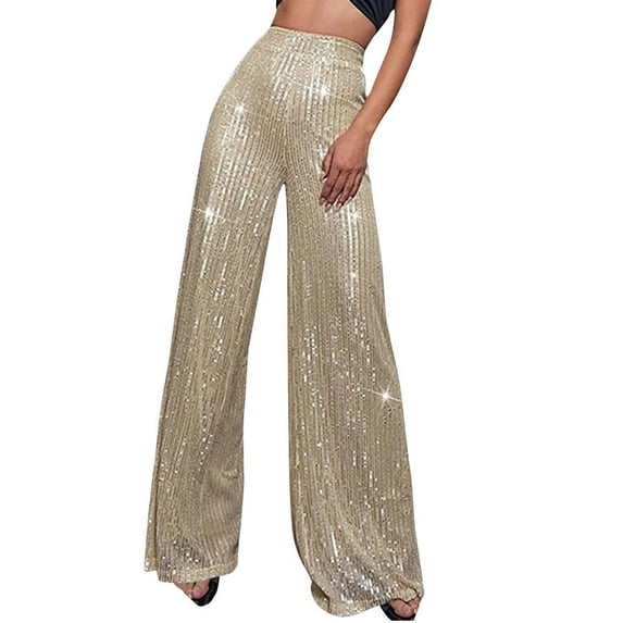 Womens Sequin Pants High Waist Glitter Bell Bottoms Sparkle Wide Leg Palazzo Flared Trousers Vintage Trousers for Club Party Beige,5XL