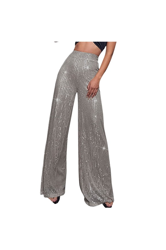Womens Sequin Pants High Waist Glitter Bell Bottoms Sparkle Wide Leg Palazzo Flared Trousers Vintage Trousers for Club Party Gray,5XL