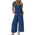 thumbnail image 1 of Womens Short Sleeve V Neck Button Belted Wide Leg Jumpsuits Summer Casual Cropped Jumpsuits Rompers with Pockets Blue,XL, 1 of 7