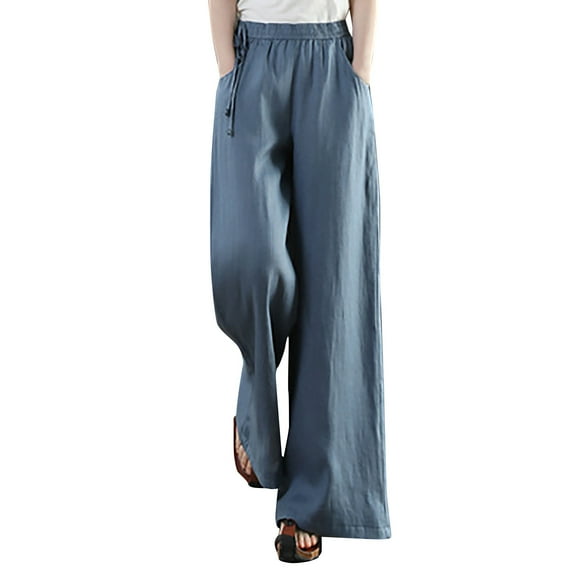 Deals Womens Straight-Leg Pull-on Pants Cotton Linen Trousers Palazzo Lounge Pants Slacks Summer Casual Comfy Loose Pants Blue,XL