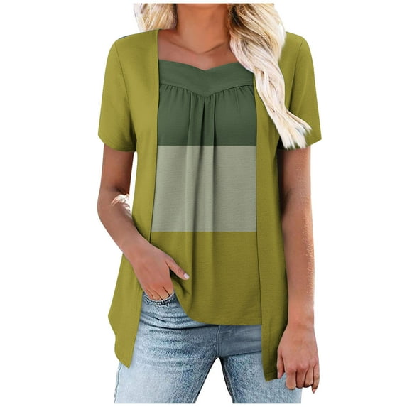 Deals Womens Summer Color Block Blouses Fake Two Piece Tops Pleated Square Neck Short Sleeve Tees Irregular Hem Tee Shirts Relaxed Fit Tunics Dressy Causal T-Shirt Holiday Going Out Outfits