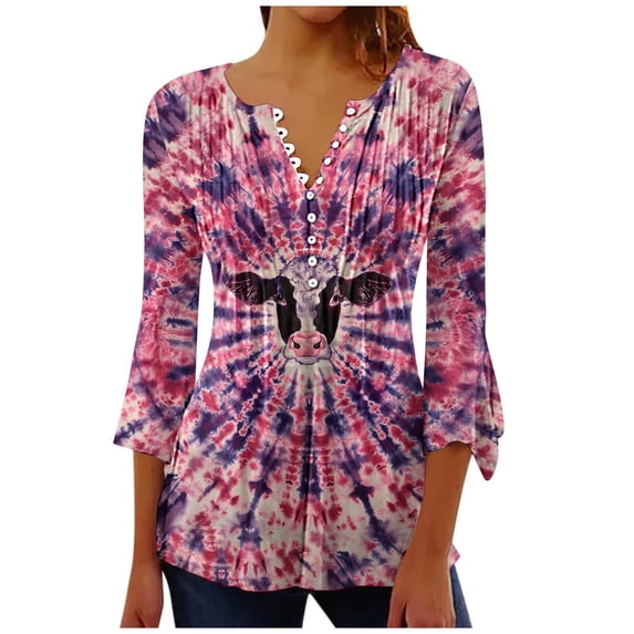 Deals Womens Summer Tops 3/4 Sleeve Shirtscute Cat Tshirts Loose Fitting Casual T-Shirt Workout Going Out Funny Tie Dye Blouses