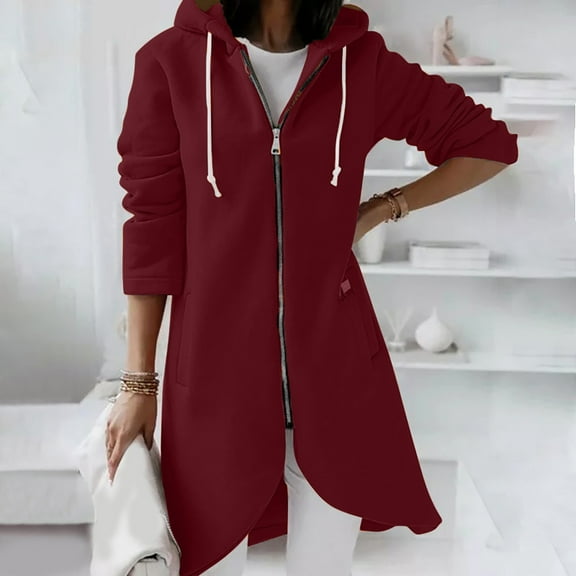 Womens Sweatshirt Coat Hooded Jacket for Women Fashion Open Front Zipper Irregular Hem Hoodies Sweater Coat Plus Size Solid Pocket Long Outwear Winter Sweatshirt Coat