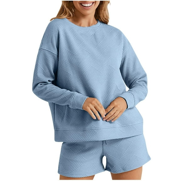Womens Sweatsuits 2 Piece Set Textured Solid Pullover Crew Neck Sweatshirt with Drawstring Shorts Elastic Waist (XL, Light Blue)