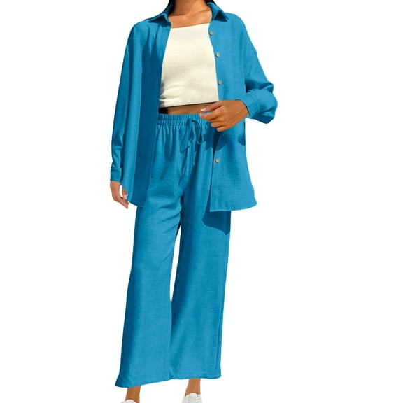 Womens Wide Leg Pant Sets 2 Piece Fall Spring Casual Travel Outfits Long Sleeve Button Up Shirt and Pants Streetwear (M, Light Blue)