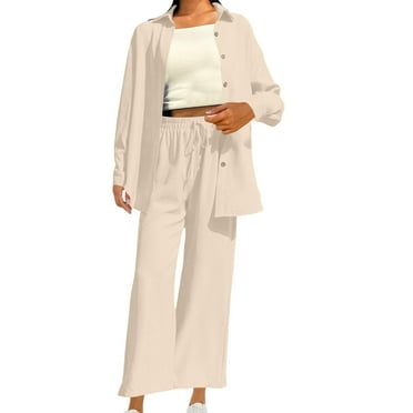 Deals Womens Wide Leg Pant Sets 2 Piece Fall Spring Casual Travel Outfits Long Sleeve Button Up Shirt and Pants Streetwear (XL, Beige)