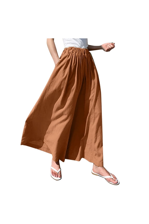 Womens Wide Leg Pants Travel Fashion Solid Cotton Linen Bohemian Pants Elastic Waist Summer Comfy Dressy Casual Long Pants with Pockets(Free Size,Brown)