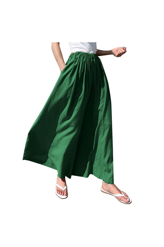 Womens Wide Leg Pants Travel Fashion Solid Cotton Linen Bohemian Pants Elastic Waist Summer Comfy Dressy Casual Long Pants with Pockets(Free Size,Green)