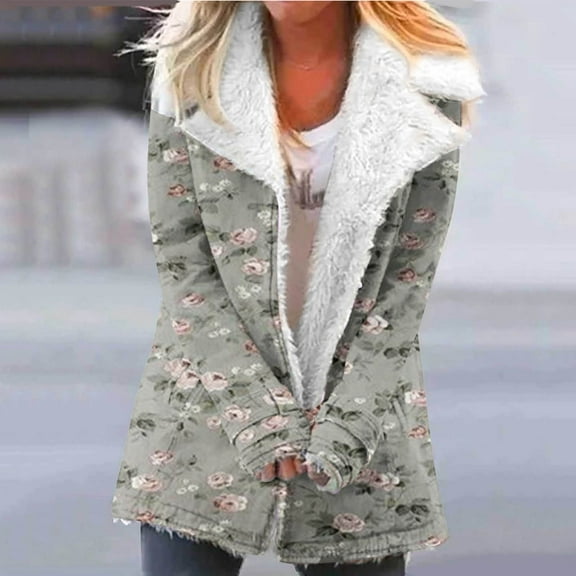Womens Winter Plush Jacket Overcoat for Women Long Sleeve Fashion Floral Print Button Down Lapel Coats Cozy Soft Padded Fleece Thickened Outwear Coat 2025 Plush Jacket