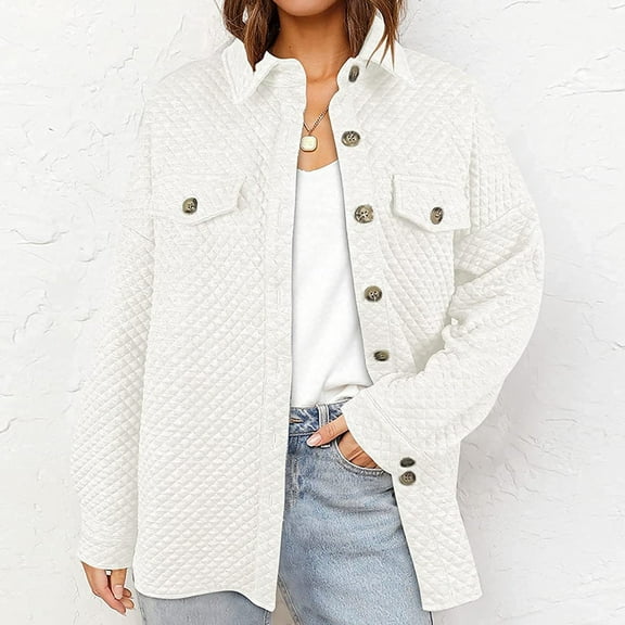 Womens Winter Quilted Jacket Casual Jacket for Women Long Sleeve Fall Lightweight Cotton Coat Casual Solid Lapel Button Down Loose Outerwear with Pocket Quilted Jacket