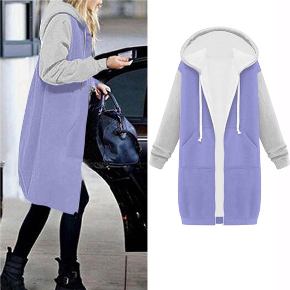 Womens Winter Sweatshirt Coat Womens Long Coat Open Full Zipper Drawstring Hooded Sweater Outwear with Pocket Fashion Color Block Fleece Overcoat 2023 Sweatshirt Coat