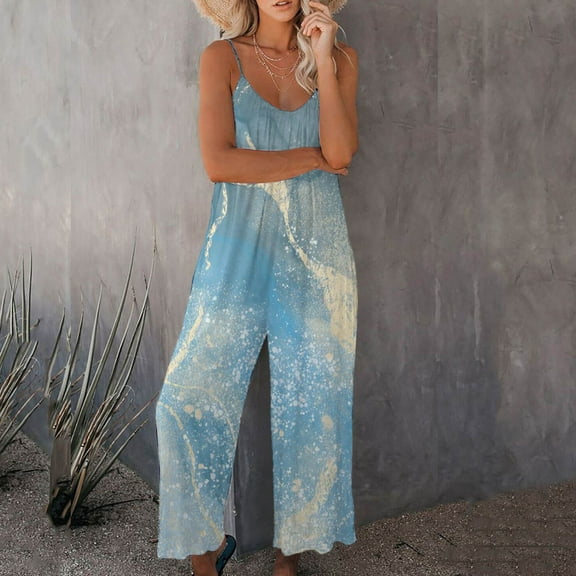 Wycnly Womens Jumpsuits Summer Beach Fashion Loose Wide Leg Strap Jumpsuits with Pocket Trendy Marbled Print Crewneck Sleeveless Maxi Rompers for Women