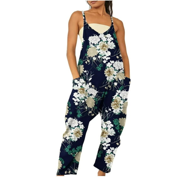 Wycnly Jumpsuits for Women Dressy Loose Wide Leg Spaghetti Strap Jumpsuits Overalls with Pocket Summer Sleeveless V-Neck Floral Print Long Formal Rompers Navy s