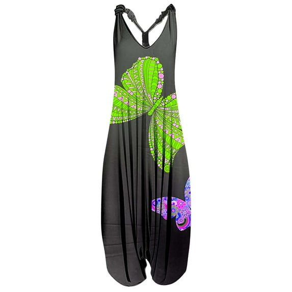 Wycnly Rompers for Women Summer Beach Boho Loose Baggy Strap Ladies Dressy Casual Jumpsuits Overalls V-Neck Sleeveless Formal Butterfly Print Long Womens Jumpsuits on