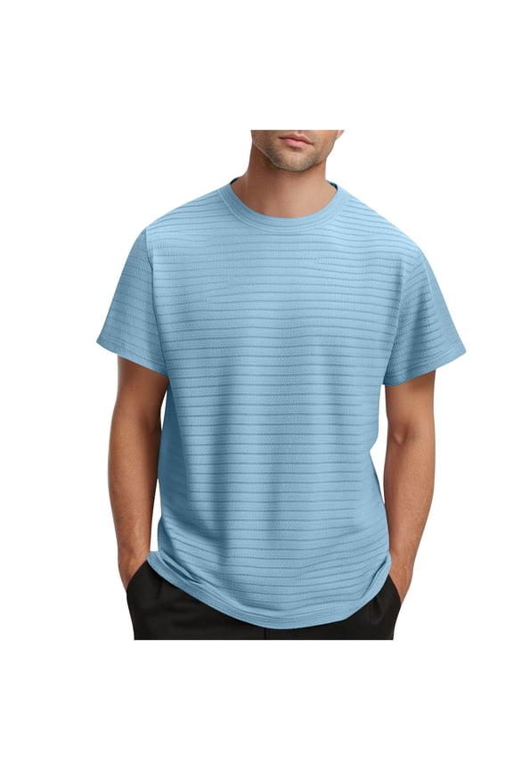 Fashion YLSDY Fashion Plain Textured Shirt for Men 2025 Round Neck Summer Sweatshirt Short Sleeve Comfy Pullover Classic Shirts Light Blue XXL