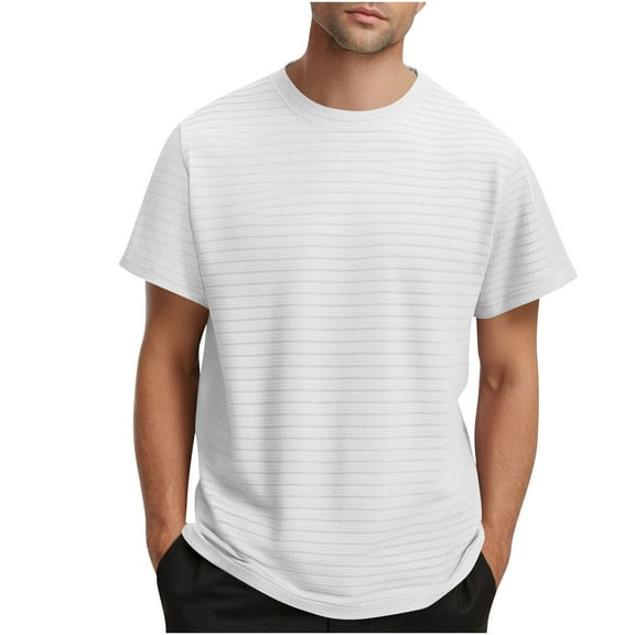 Fashion YLSDY Fashion Plain Textured Shirt for Men 2025 Round Neck Summer Sweatshirt Short Sleeve Comfy Pullover Classic Shirts White XXL