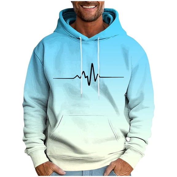 Fashion YLSDY Funny ECG Graphic Hoodies for Men Gradient Pullover Heartbeat Long Sleeve T-Shirt Drawstring Hooded Sweatshirt Light Blue L