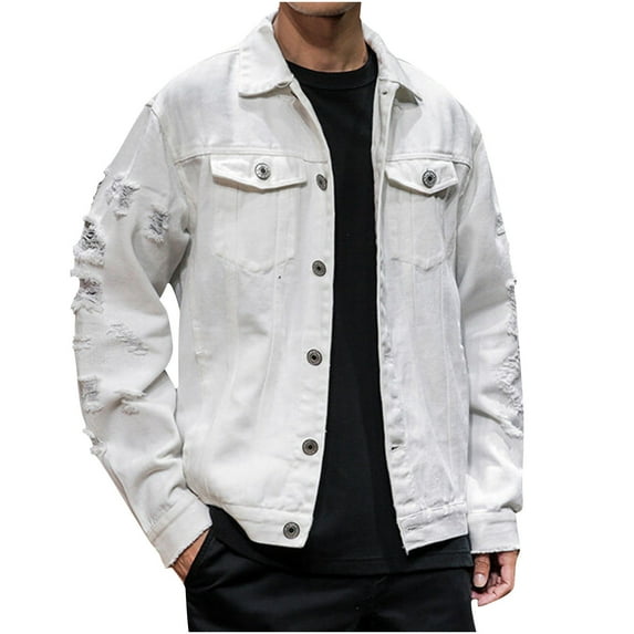 Fashion YLSDY Hippy Victorian Western Ripped Coat for Mens Winter Fall Long Sleeve Denim Outfits Mens 2025 Trendy Distressed Denim Jacket White XXXL