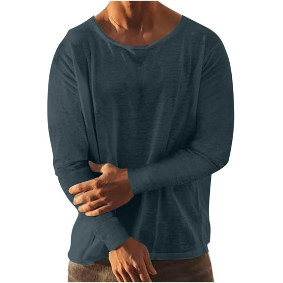 Fashion YLSDY Linen Shirts for Men Long Sleeve Solid Lightweight Crew Neck Casual Shirts Summer Fashion Beach Pullover Tops Navy XXL