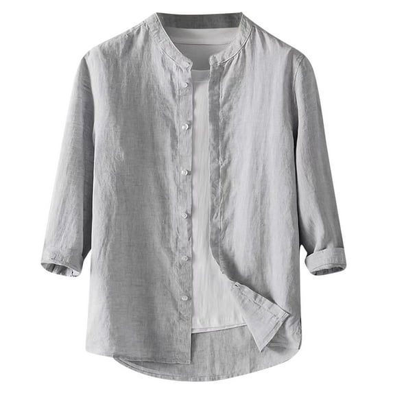 Fashion YLSDY Long Sleeve Cotton Linen Shirt Men Casual Button Down Shirt for Men Stand Collar Summer Beach Wedding Shirt Gray XXXL