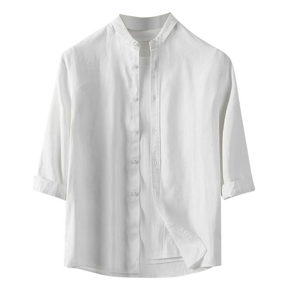 Fashion YLSDY Long Sleeve Cotton Linen Shirt Men Casual Button Down Shirt for Men Stand Collar Summer Beach Wedding Shirt White XL