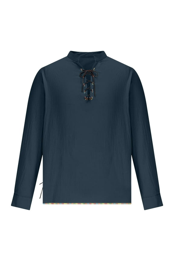 Fashion YLSDY Men Hawaiian Retro Lace-Up Drawstring Shirts Long Sleeve Guys Fashion Hippie Costume Streetwear Stand Collared Tops Navy XXL