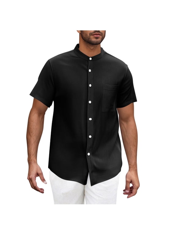 Fashion YLSDY Men's Casual Button Down Shirts Short Sleeve Band Collar Shirts Cotton Linen Mens Henley Hawaiian Shirt with Pocket Black XXL