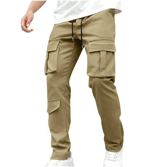 Deals YLSDY Men's Casual Cargo Pants Workout Joggers Stretch Sweatpants Hiking Drawstring Tactical Pants with Multi Pockets Khaki 10
