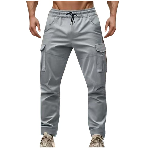 Fashion YLSDY Men's Casual Cargo Pants Workout Joggers Stretch Sweatpants Hiking Drawstring Waist Tactical Pants with Multi Pockets Gray L