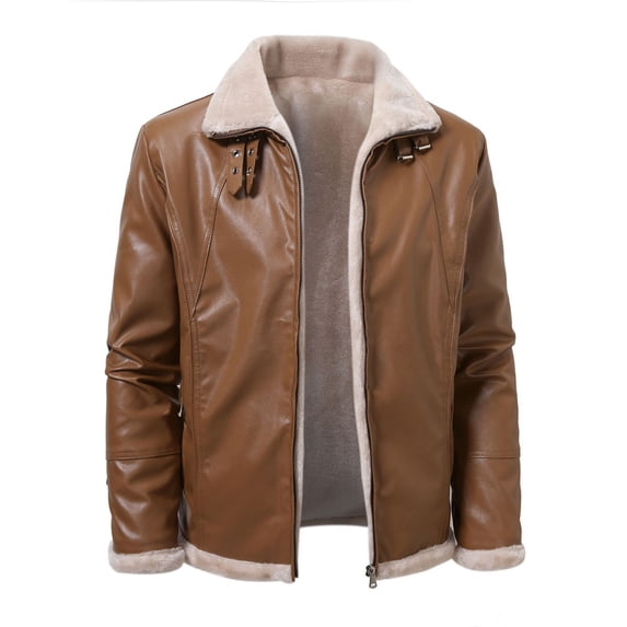 Fashion YLSDY Men's Casual Faux Leather Zip Up Long Sleeve Bomber Jacket Fashion Suede Sherpa Jacket Trendy PU Coat with Pockets Khaki M