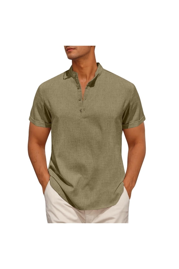 Fashion YLSDY Men's Casual Henley Shirt Short Sleeve Band Collar Shirt Summer Beach Hippie Vacation T Shirt with Button Army Green S