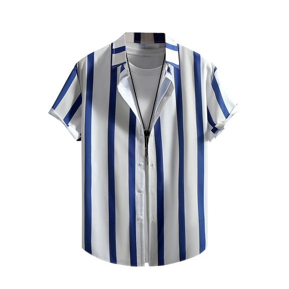 Fashion YLSDY Men's Color Block Striped Print Short Sleeve Button Up Casual T Shirt Vacation Fashion Summer Beach Shirt Blue XL