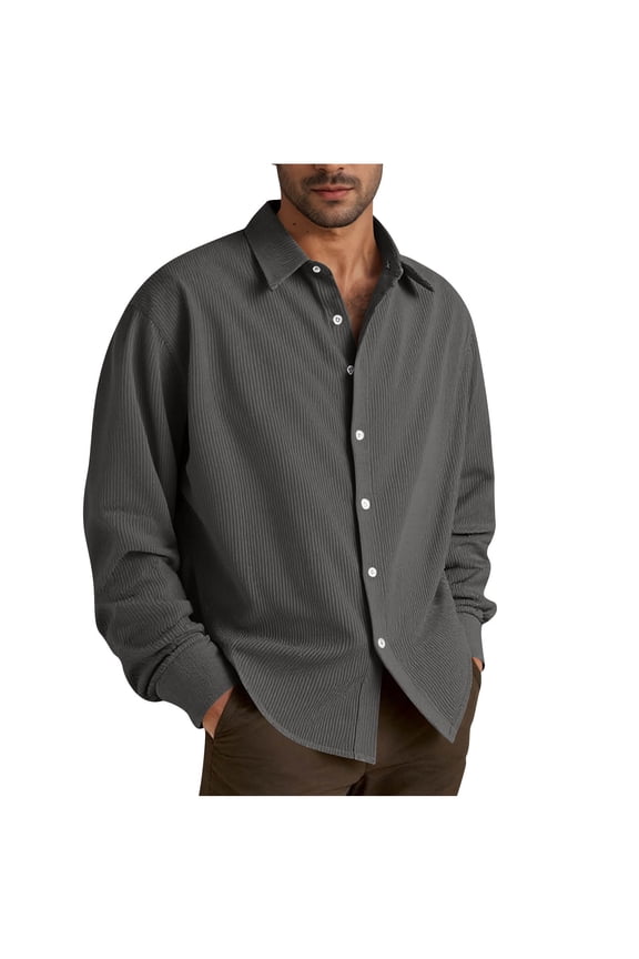 Fashion YLSDY Men's Corduroy Button Down Shirts Solid Color Long Sleeve Lapel Shacket Jackets Casual Loose Lightweight Shirt 2025 Dark Gray XL