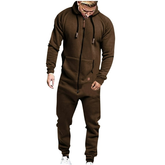 Fashion YLSDY Men's Fleece Lined Hooded Jumpsuit Zip Up One Piece Pajamas Playsuit Jogger Sweatsuit Overall Romper Coffee 6