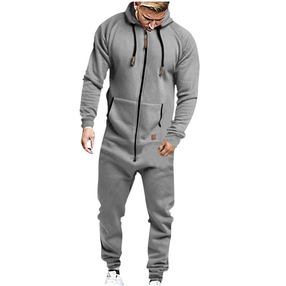 Fashion YLSDY Men's Fleece Lined Hooded Jumpsuit Zip Up One Piece Pajamas Playsuit Jogger Sweatsuit Overall Romper Gray 6
