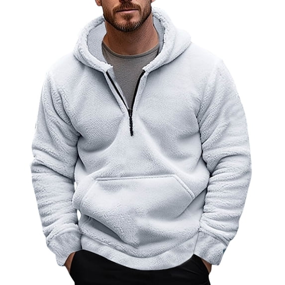 Fashion YLSDY Men's Fuzzy Sherpa Hoodies Quarter Zip Pullover Sweatshirts Long Sleeve Sport Winter Warm Hooded Outwear with Pocket White XXL