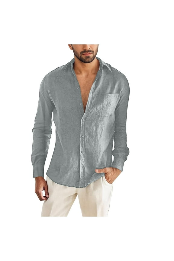 Fashion YLSDY Men's Linen Dress Shirt Long Sleeve Button Down Plain Shirts Slim Lightweight Summer Beach Top Fall Office Work Clothing Gray L