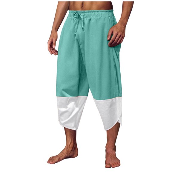 Fashion YLSDY Men's Linen Harem Capri Pants Color Block Lightweight 3/4 Shorts Drawstring Elastic Waist Casual Beach Yoga Trousers Green L