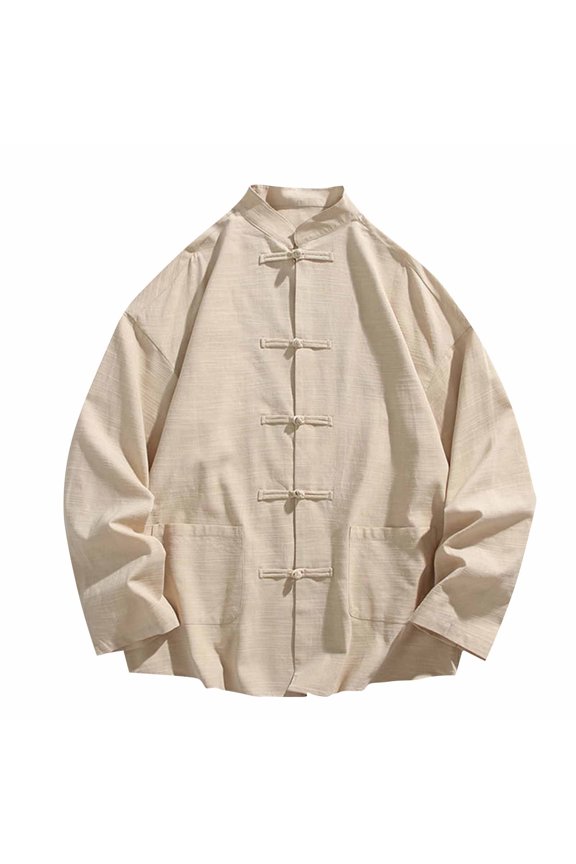 Fashion YLSDY Men's Long Sleeve Lightweight Linen Shirt Coat Plus Size Solid High Neck Frog Button Kung Fu Jacket Tang Suit Beige M