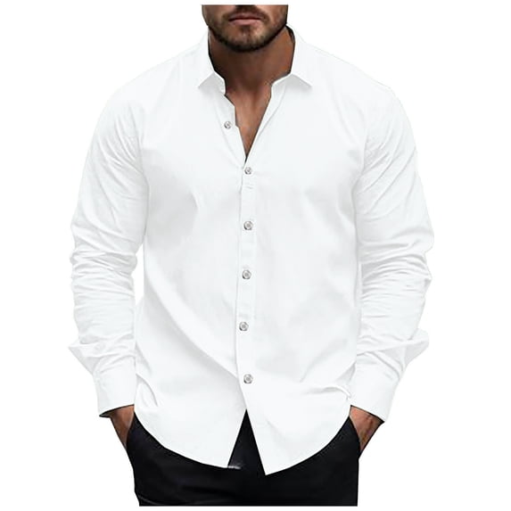 Fashion YLSDY Men's Long-Sleeved Business Formal Shirt Men's Long-Sleeved Button-Down Slim-fit Collared Solid Color Shirt White S