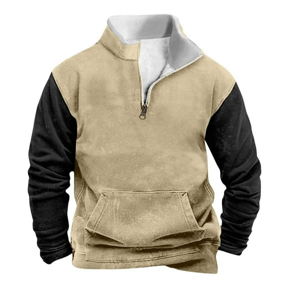 Fashion YLSDY Men's Quarter Zipper Sherpa Sweatshirts 2025 Thermal Warm Sweater 1/4 Zip Stand Collar Color Block Tactical Jacket Beige XL